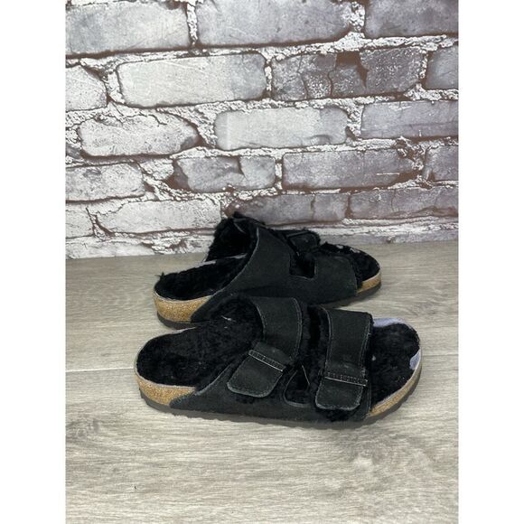 Birkenstock Arizona Black Suede Fur Cork Slides Sandals Women’s Sz 37EU/6.5M US - Picture 13 of 16